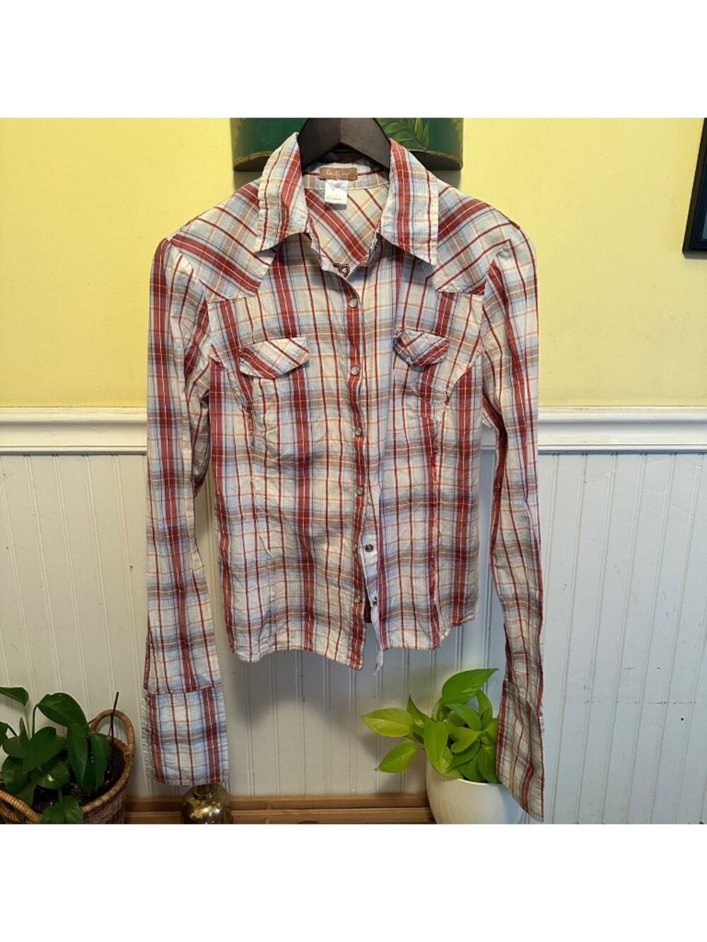 Vintage y2k Western Plaid Button-Up Shirt With Embroidered Back Design